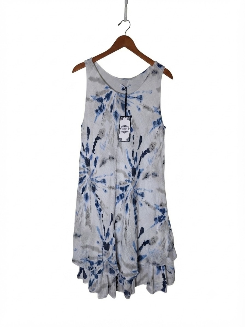 Tempo Paris Blue and White Tie-Dye Ruffle-Hem Mini Dress XL